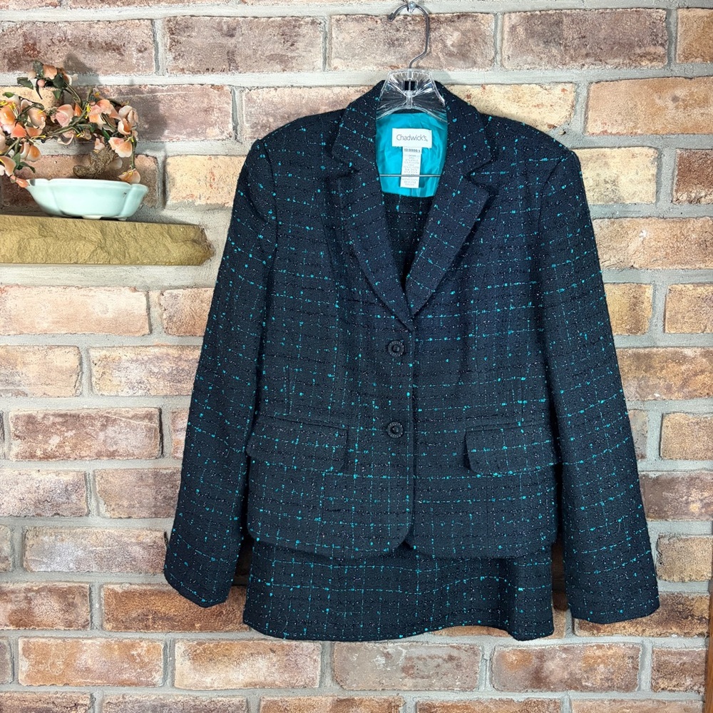 CHADWICK’S Vintage Woven Tweed Black & Teal Blazer and Skirt Set - Picture 15 of 16